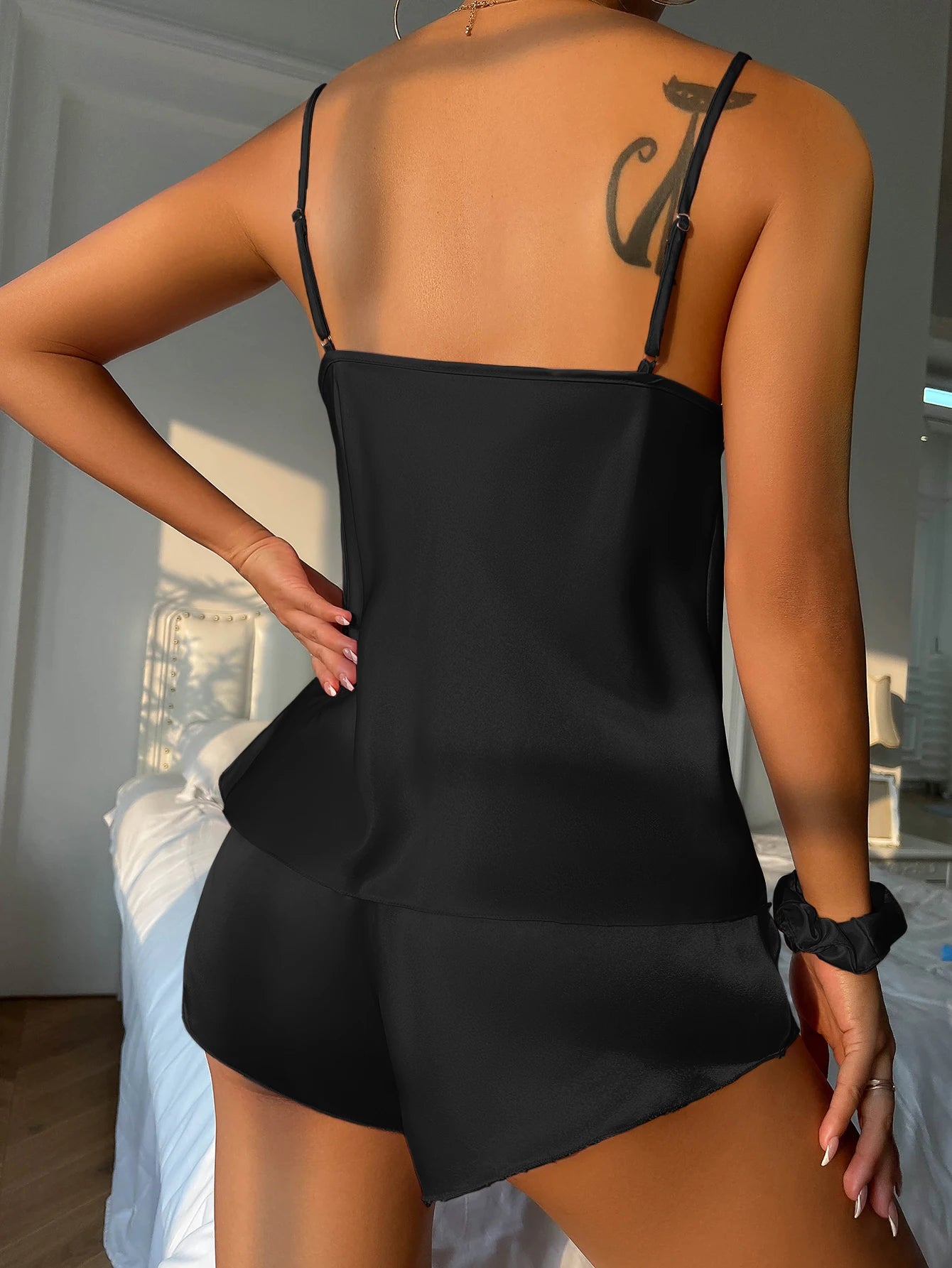 Solid Satin Pajama Set  V Neck