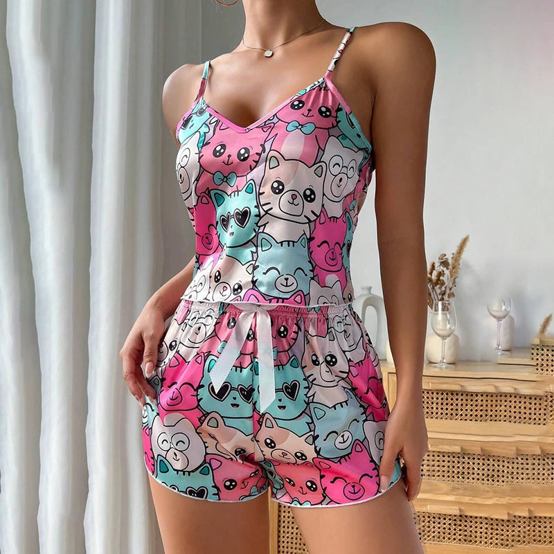 Heart Print Satin Pajama Set