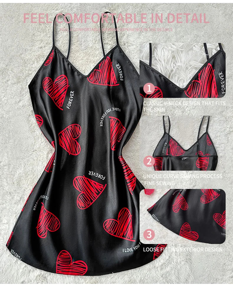 Print Satin Nightdress V Neck