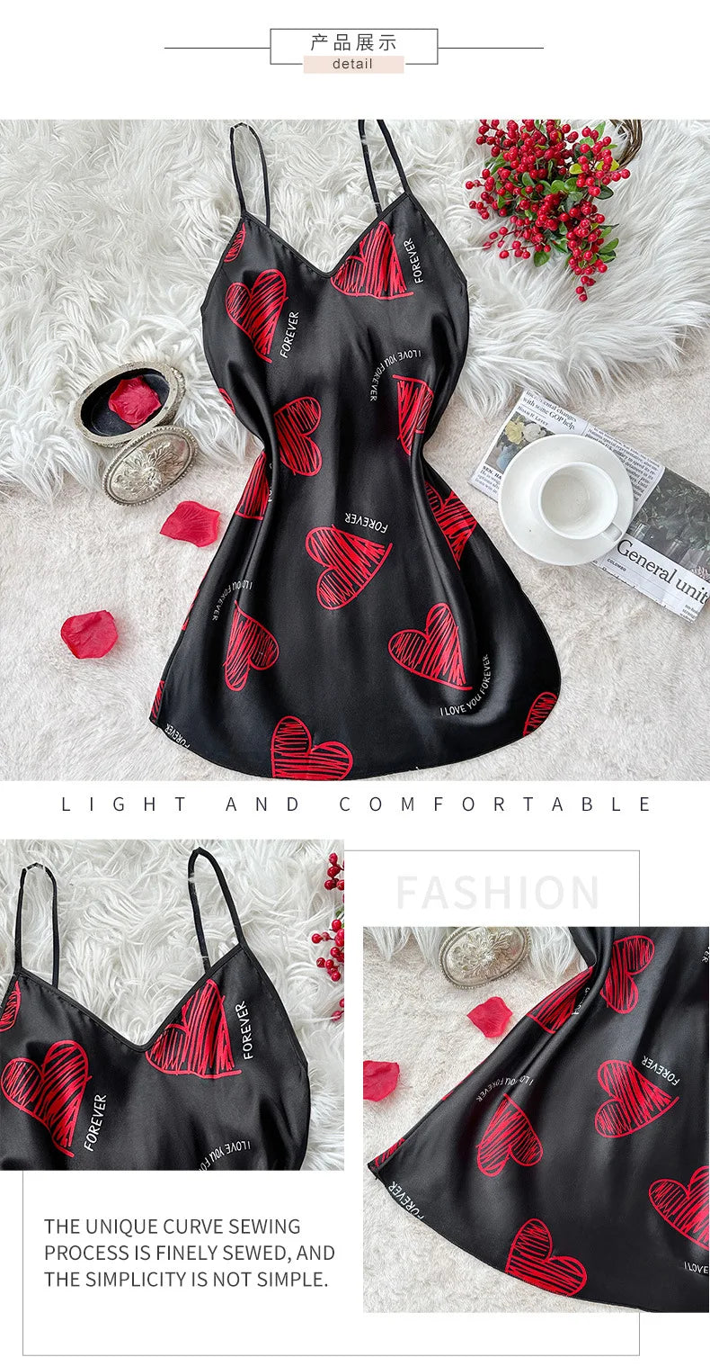 Print Satin Nightdress V Neck