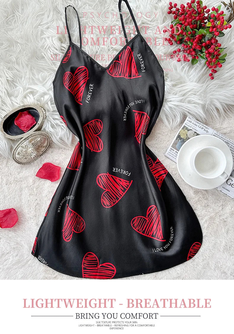 Print Satin Nightdress V Neck