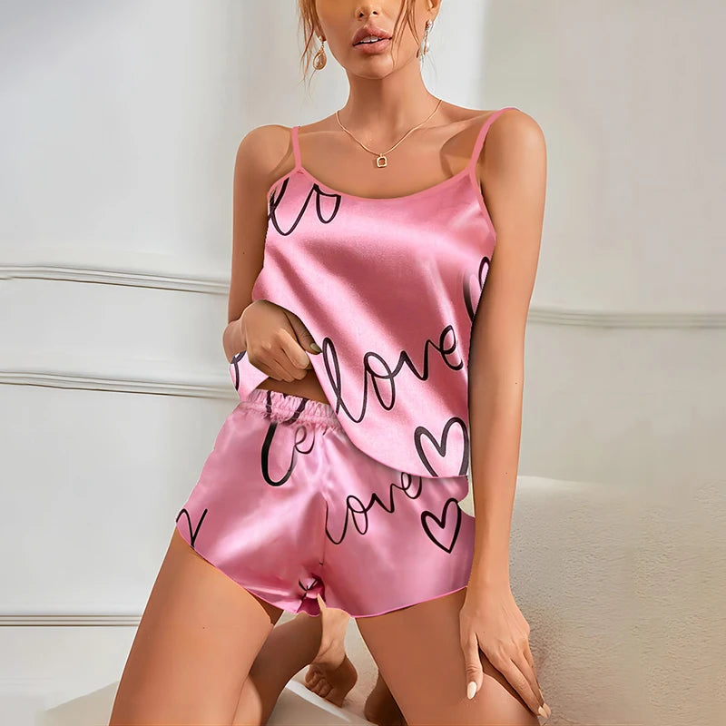 Heart Print Satin Pajama Set