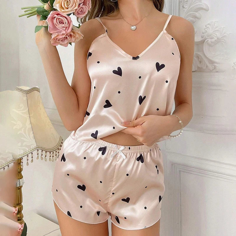 Heart Print Satin Pajama Set