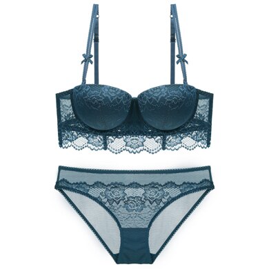 Floral Embroidery Half Cup Bra Set